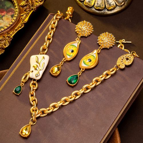 Vintage Gold Evil Eye Necklace Earring Jewel Set