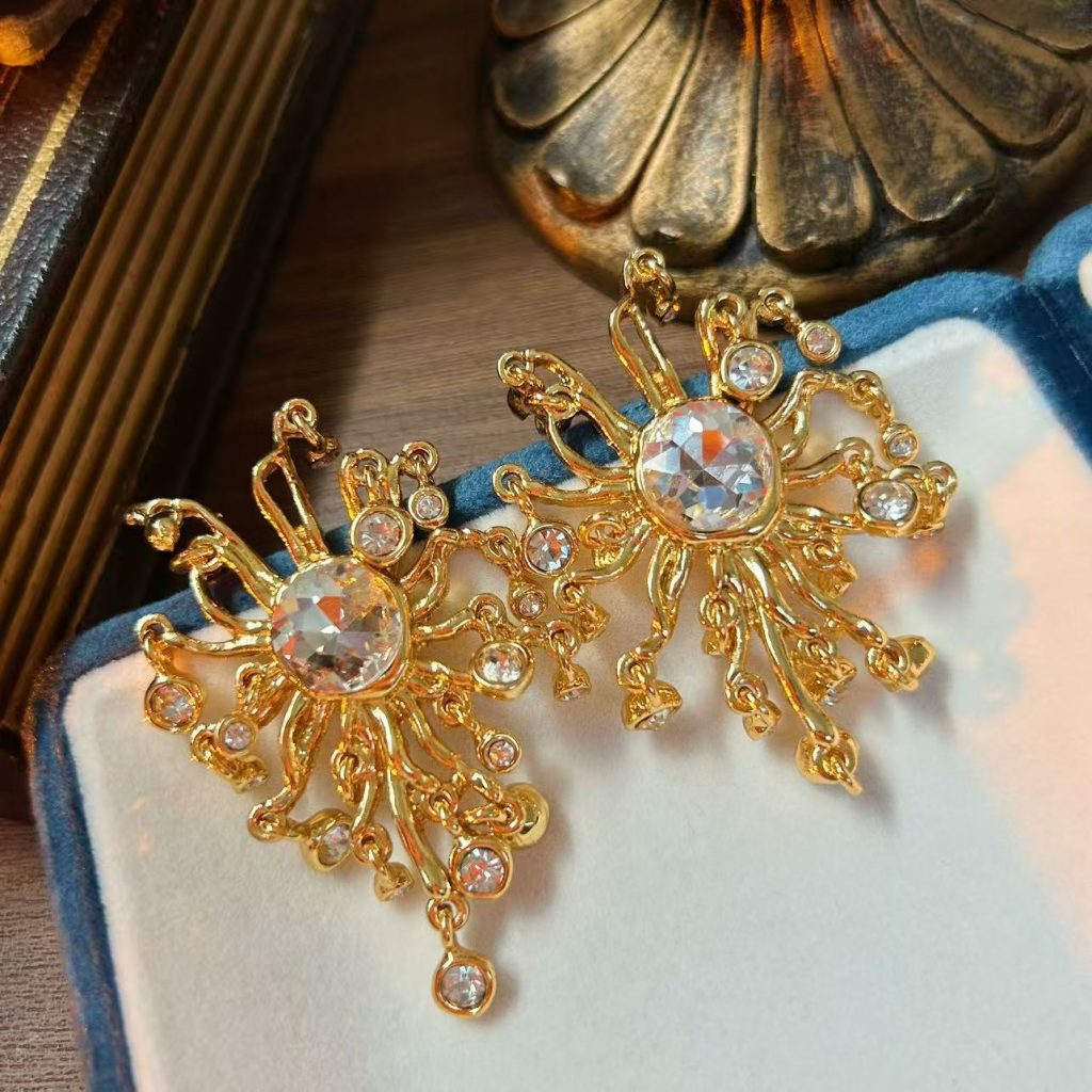 Vintage Sunburst Rhinestone Tassel Dangle Earrings Gold Tone