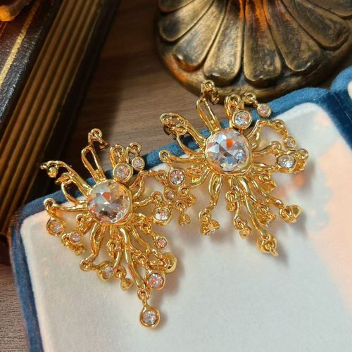 Vintage Sunburst Rhinestone Tassel Dangle Earrings Gold Tone