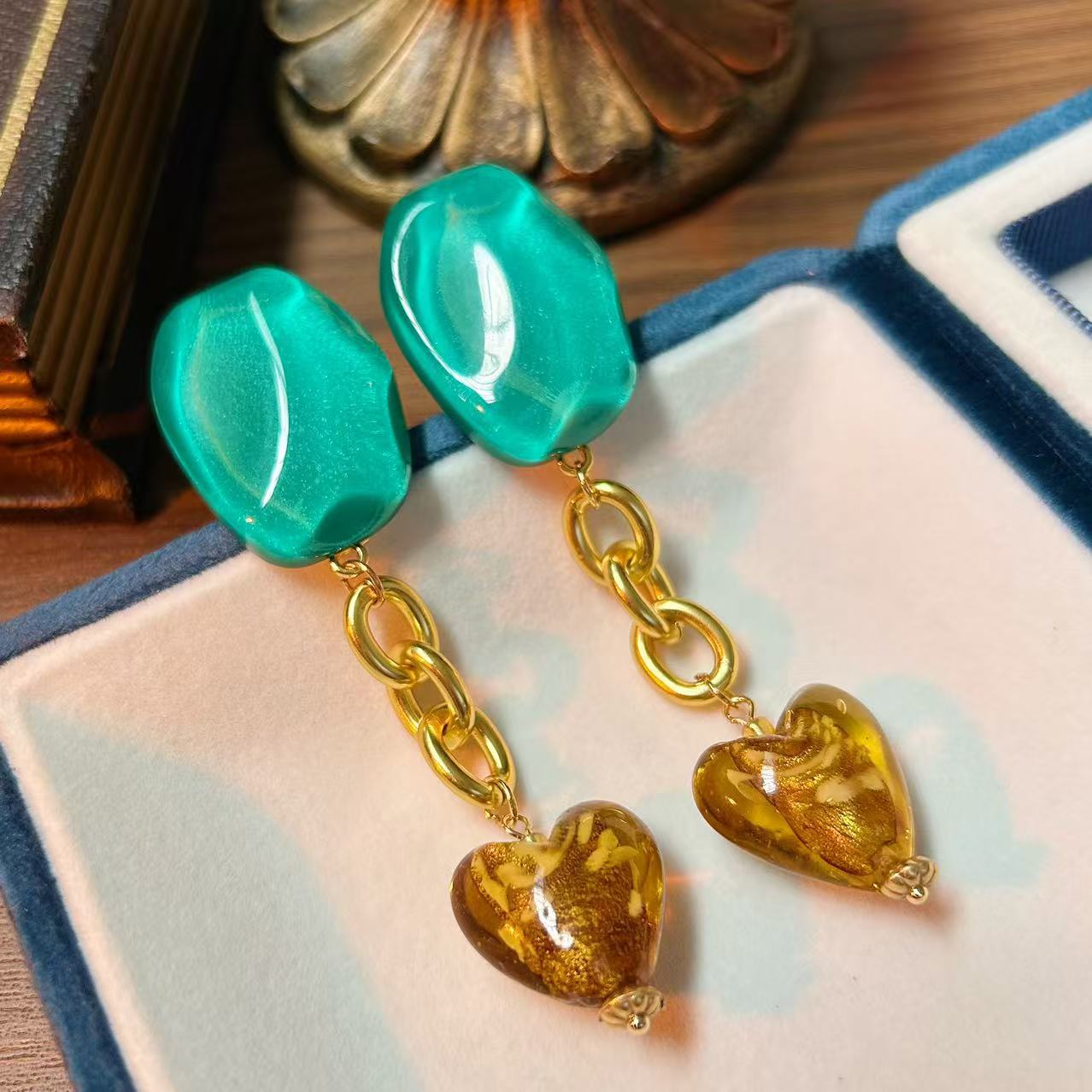 Green Gem Amber Heart Drop Earrings for Women