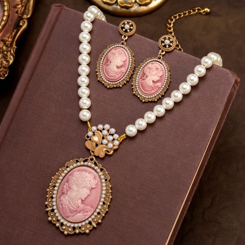 Victorian‑Style Carved Cameo Pearl Statement Jewelry Set Women