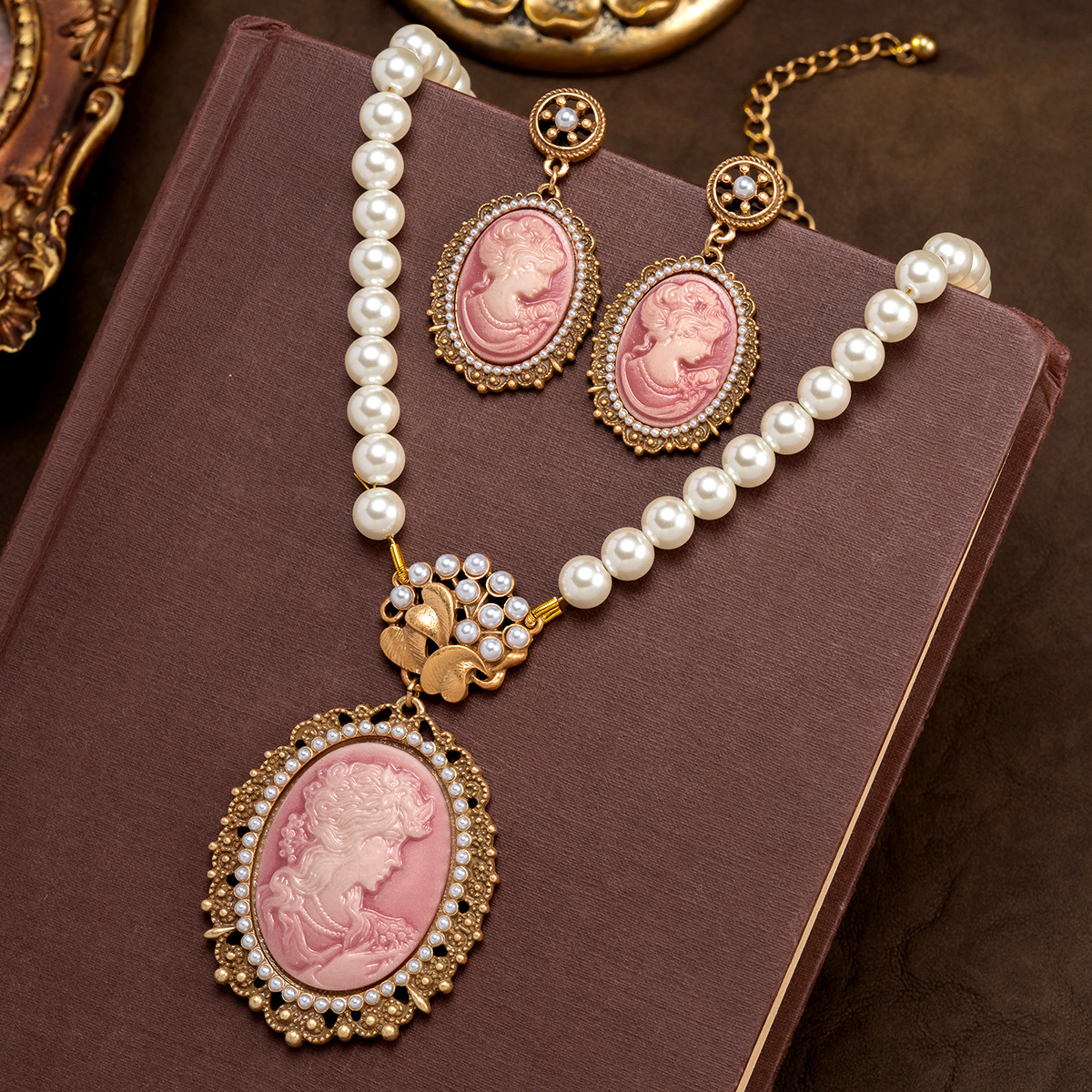 Victorian‑Style Carved Cameo Pearl Statement Jewelry Set Women