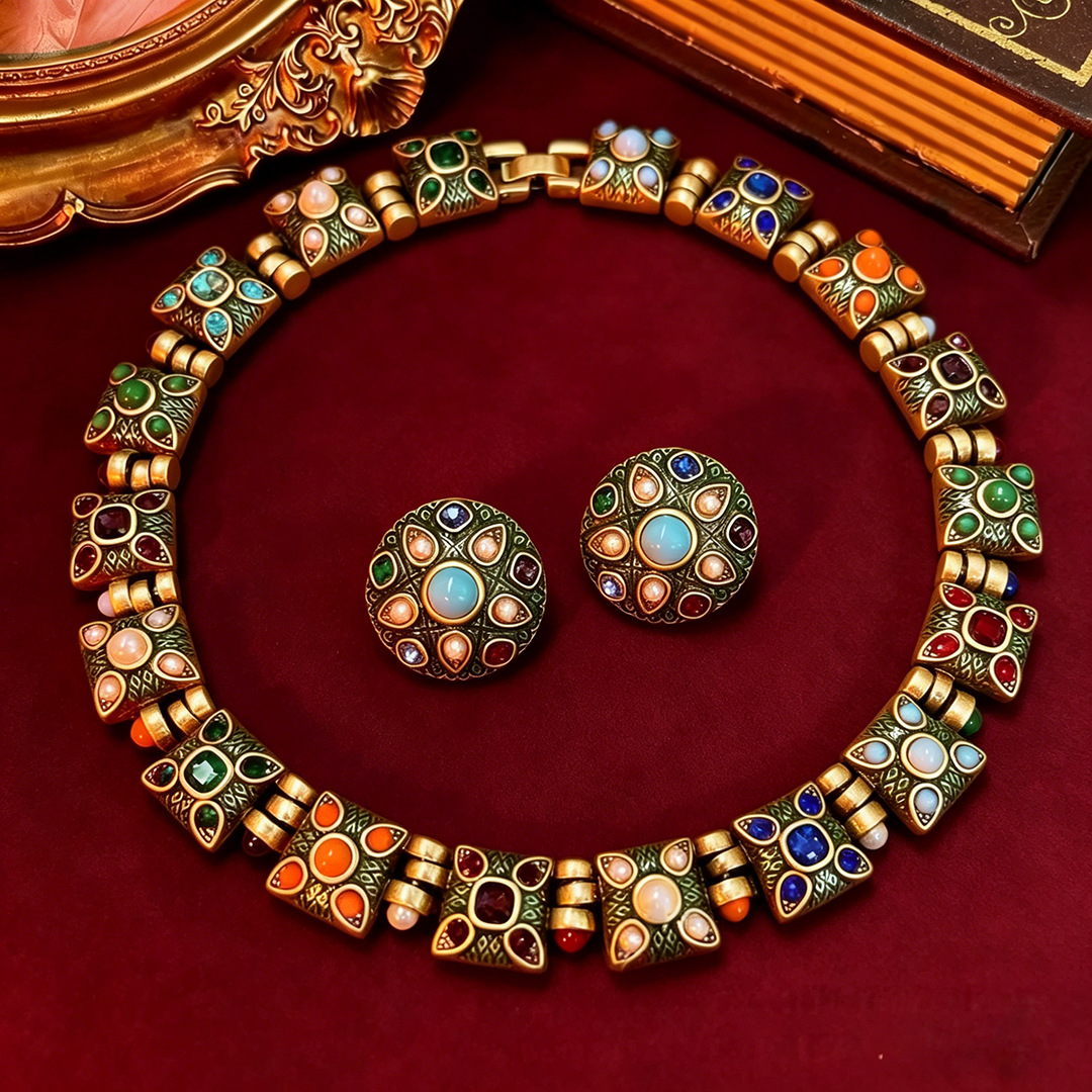 antique gold ethnic necklace earring set