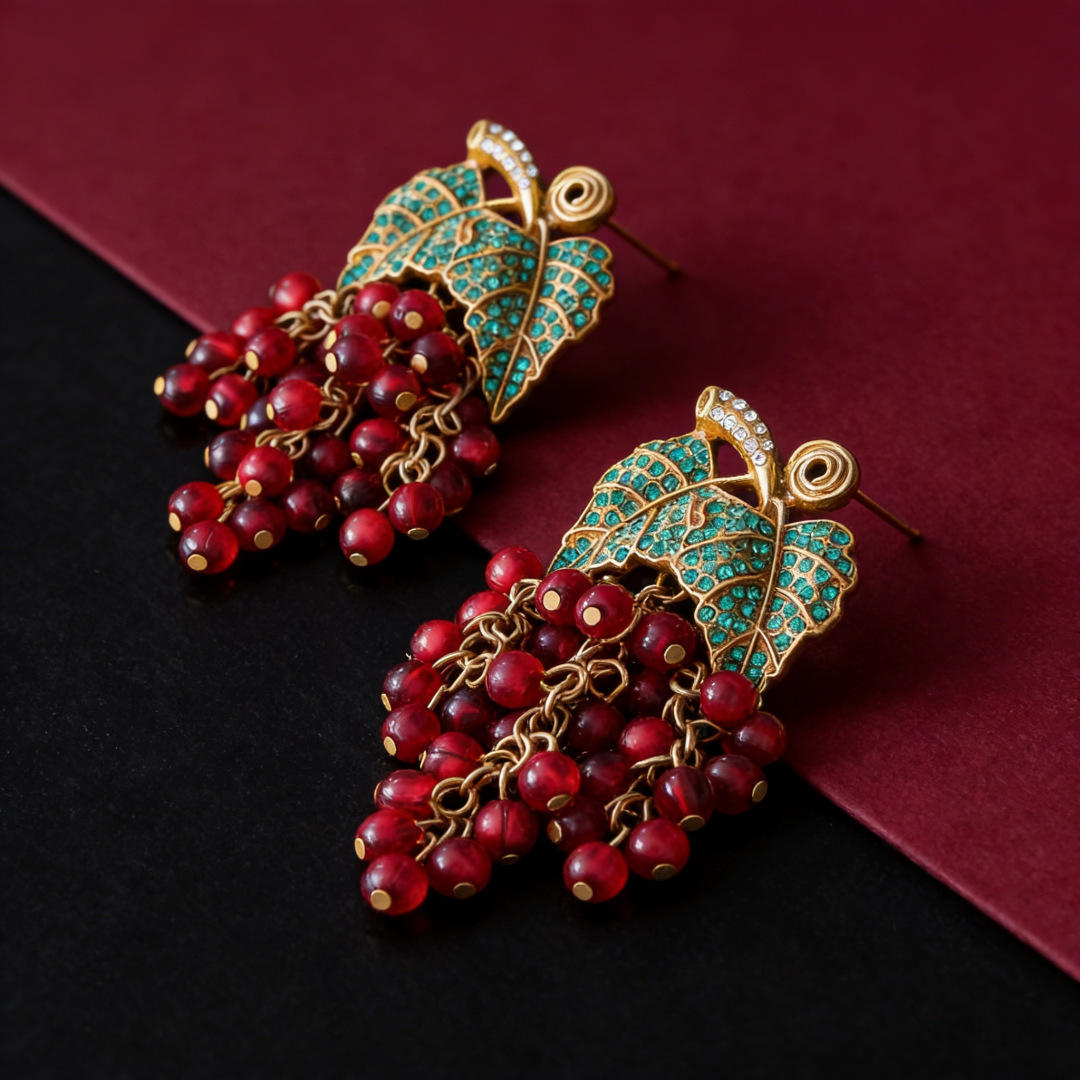 antique gold green leaf purple bead earrings