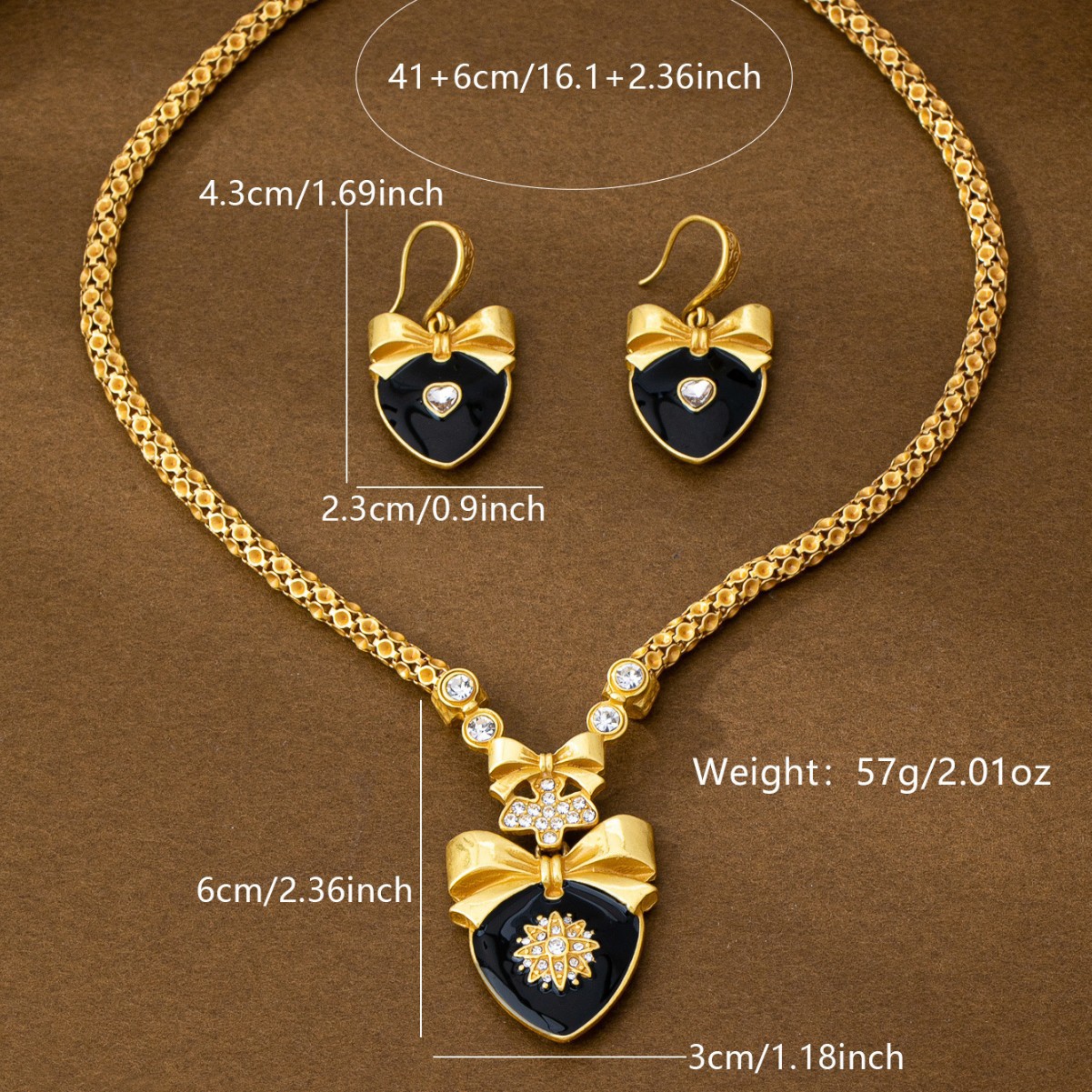 antique gold tone heart dangle earring necklace set