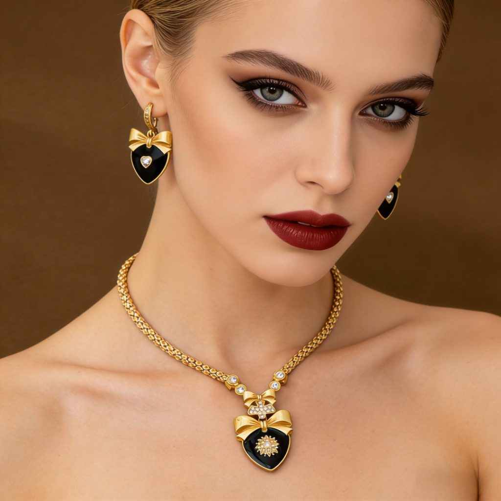 black enamel heart bow jewelry set