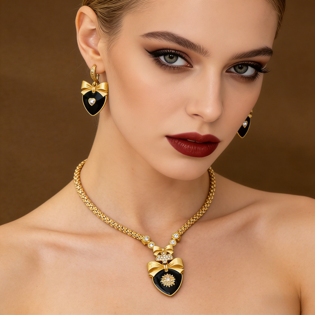 black enamel heart bow jewelry set