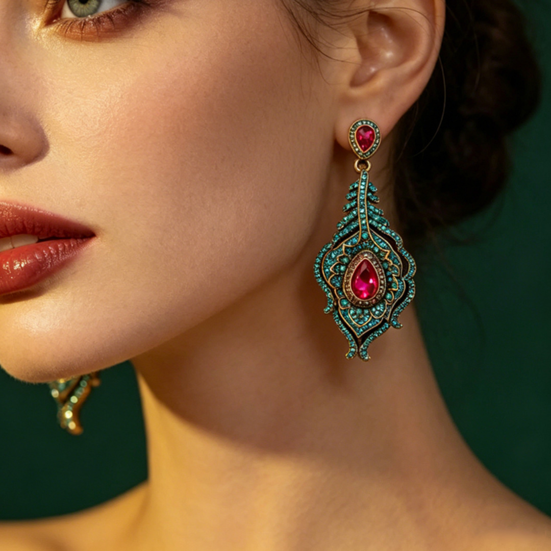 bohemian teal fuchsia crystal dangle earrings