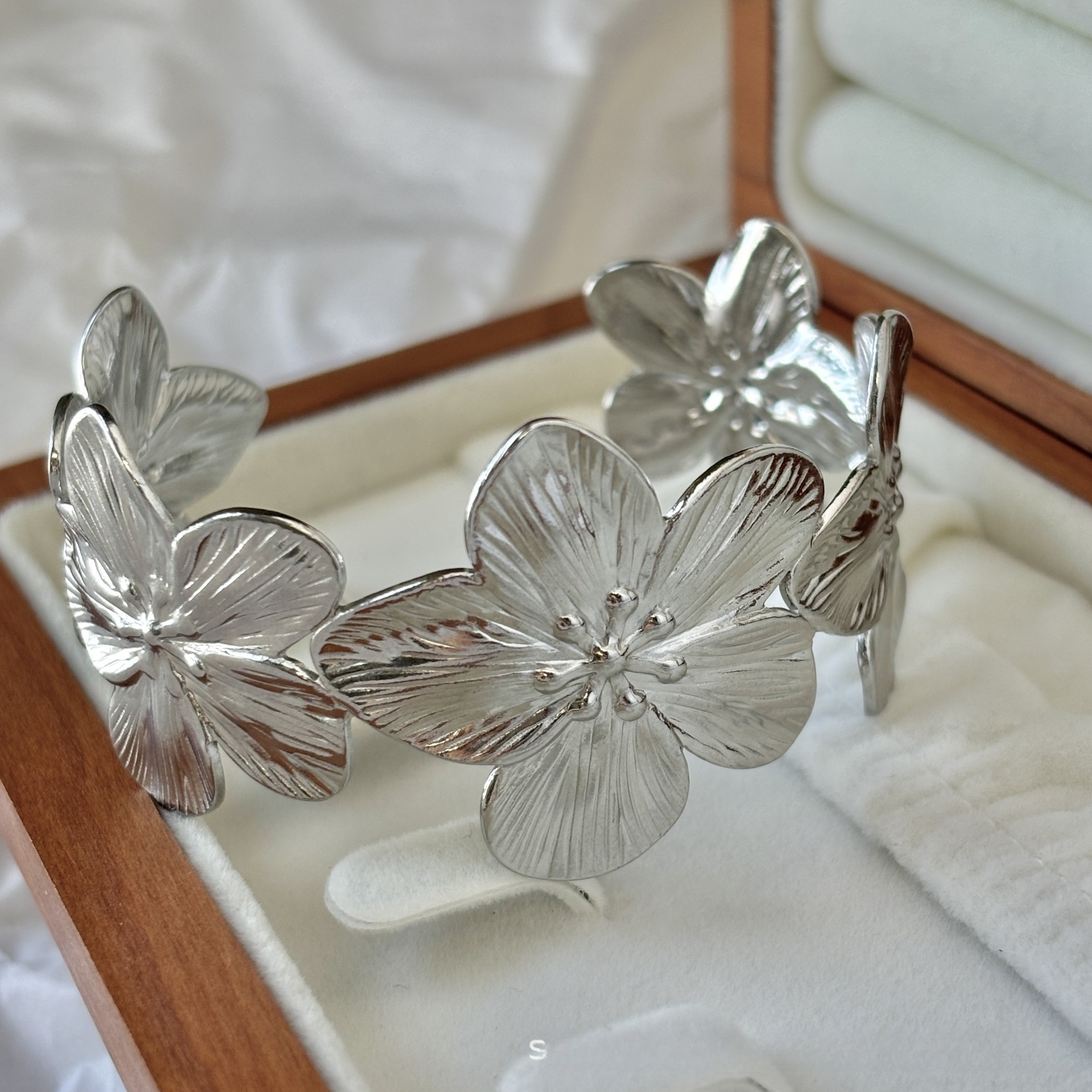 gold silver large flower cuff bangle