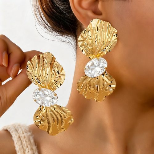 hammered gold petal crystal statement earrings