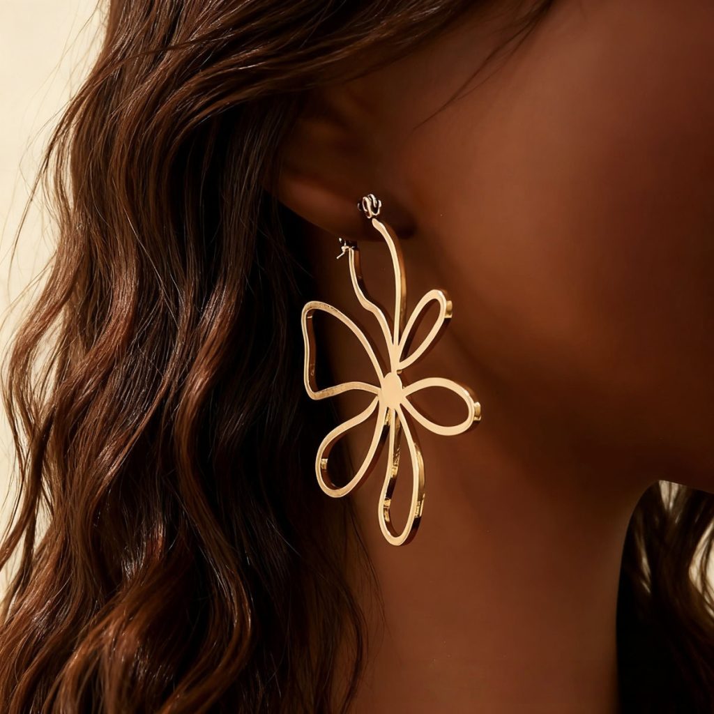 large hollow flower gold drop earrings