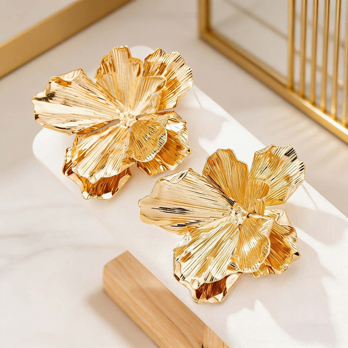 oversized textured metallic floral dangle earrings