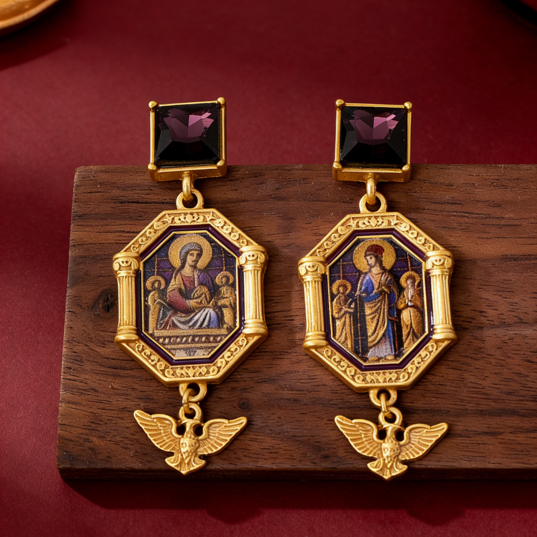purple square crystal eagle charm earrings