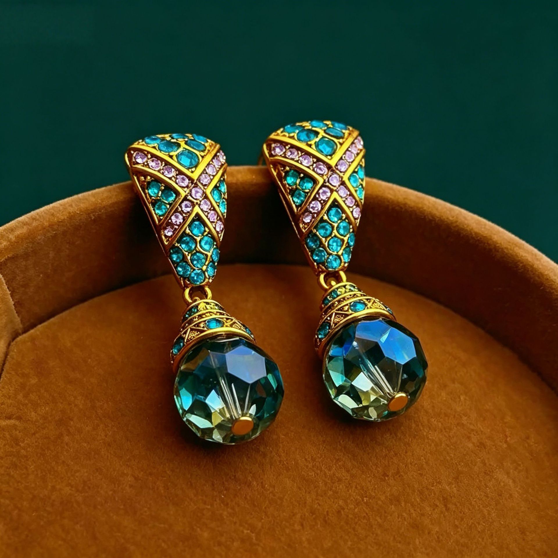retro multi‑crystal evening drop earrings