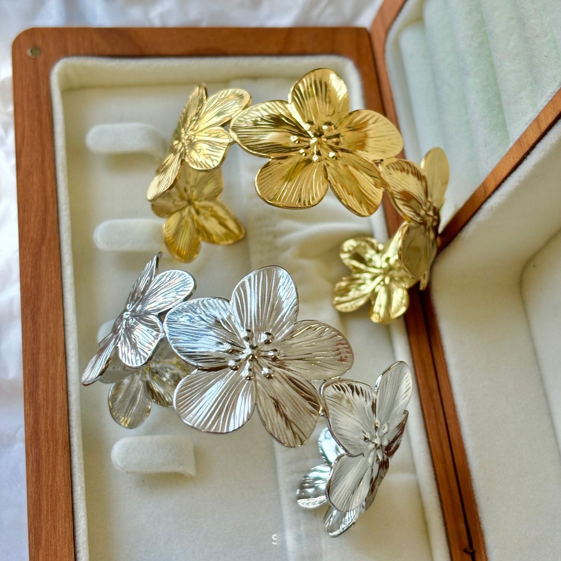 textured petal flower open cuff bracelet