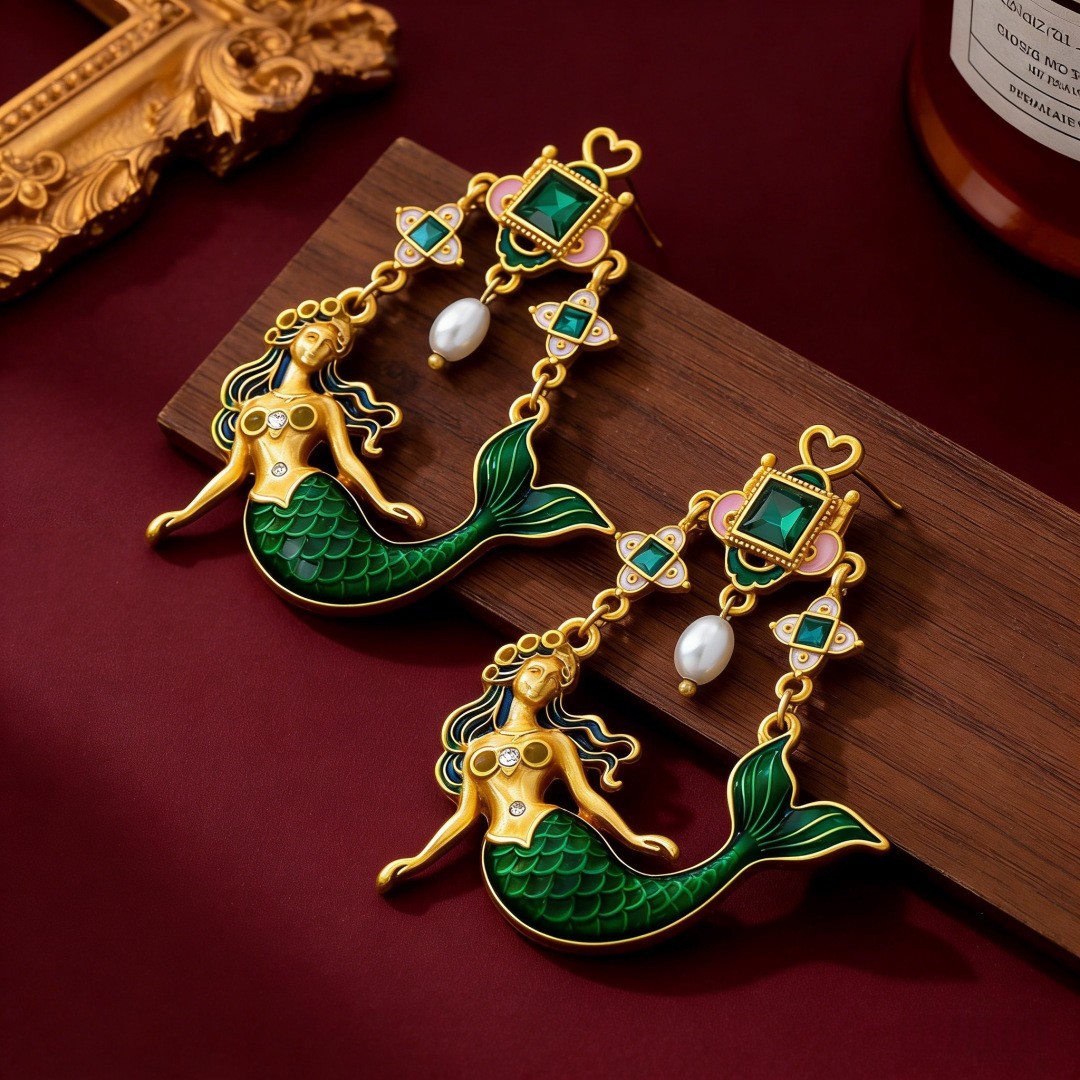 vintage gold mermaid drop earrings