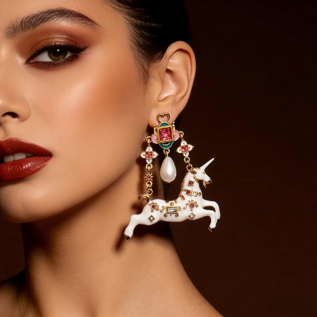 white unicorn dangle earrings