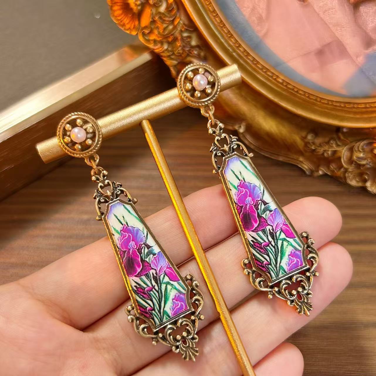 1. Art Nouveau Iris Floral Dangle Earrings