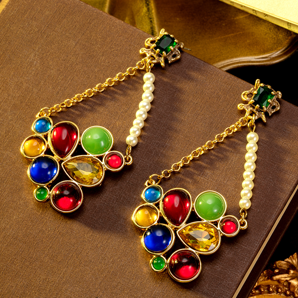 1. Vintage Multicolor Crystal Pearl Dangle Earrings