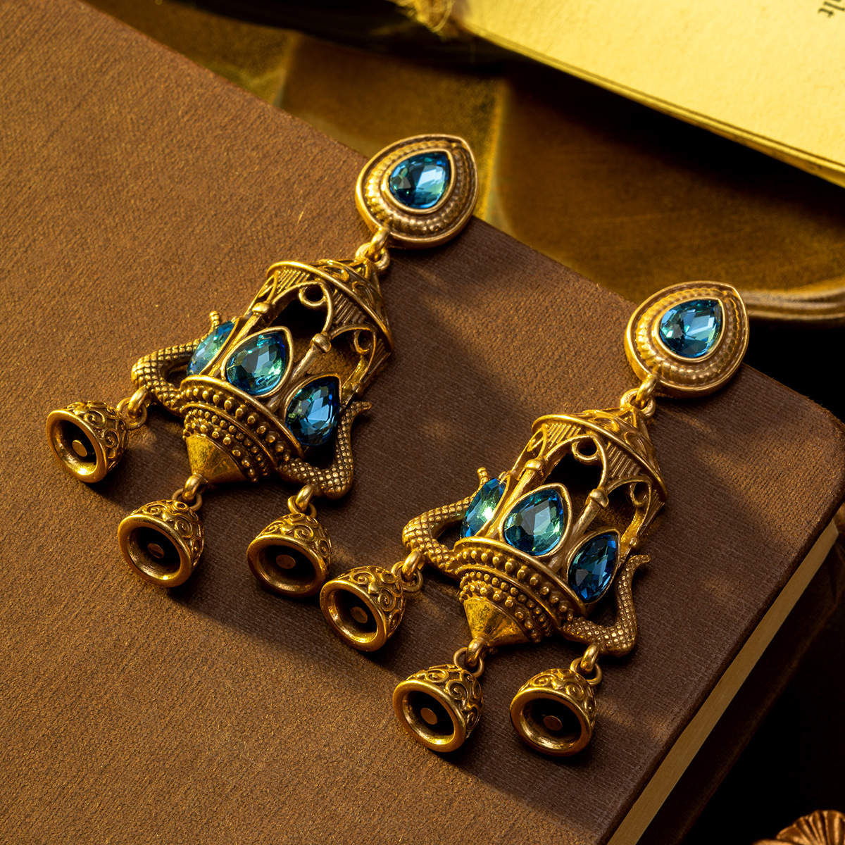 1. Vintage Temple Bell Blue Crystal Dangle Earrings.jpg