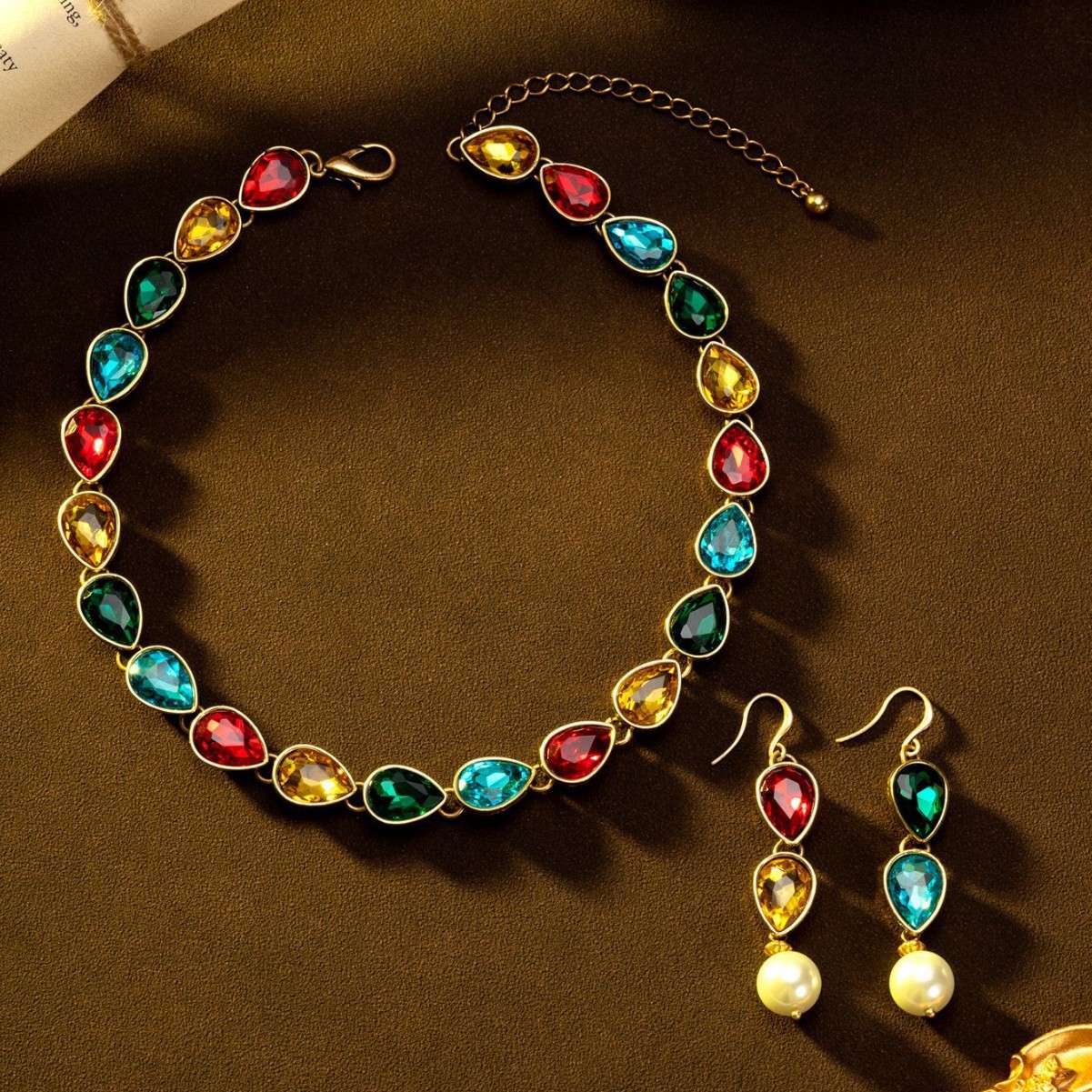 2. Vintage Gold Rainbow Gemstone Necklace Earrings.jpg